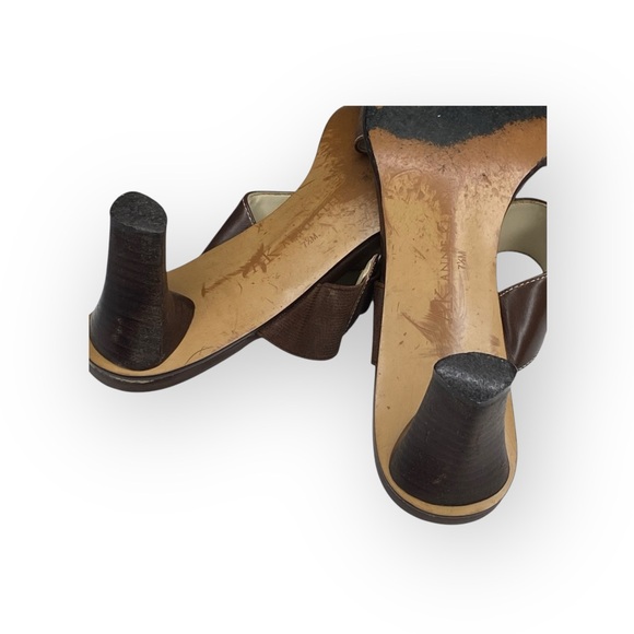Vintage: Anne Klein 𖧷 Chunky Wood Heel Mules Sandals 𖧷 Brown Leather 𖧷 7.5M - Picture 11 of 16